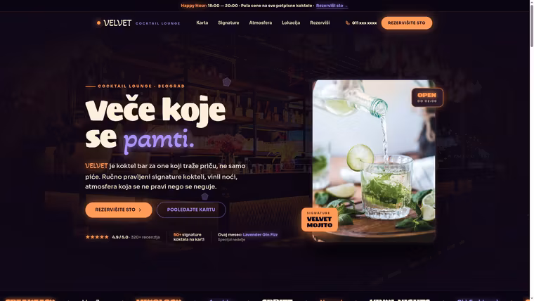 VELVET — Koktel Lounge — izrada sajta za ugostiteljstvo, M·LAB portfolio 2026