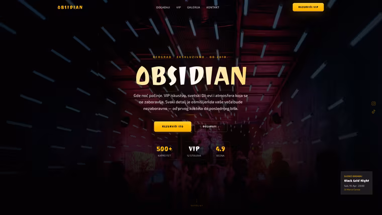 OBSIDIAN — VIP Noćni Klub — izrada sajta za ugostiteljstvo, M·LAB portfolio 2026