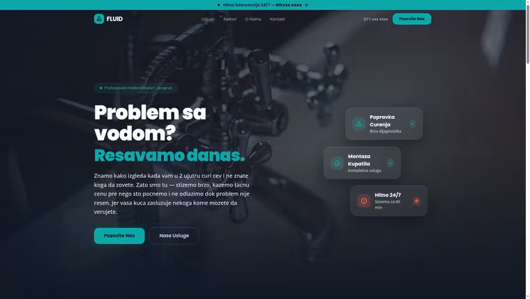 FLUID — Vodoinstalateri — izrada sajta za zanatstvo i građevinu, M·LAB portfolio 2026